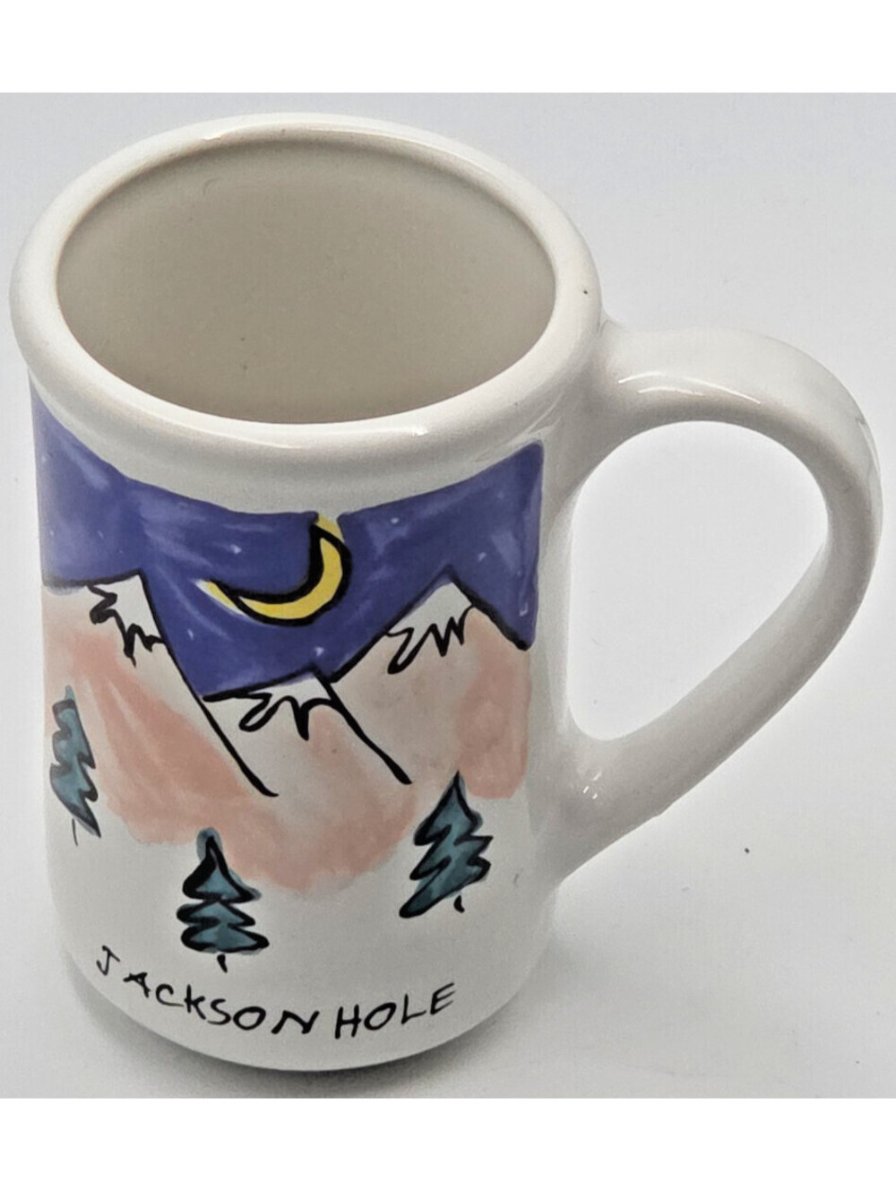 Vintage Jackson Hole WY Hand Painted Ceramic Mug Mountains Moon Trees 5.5" Tall